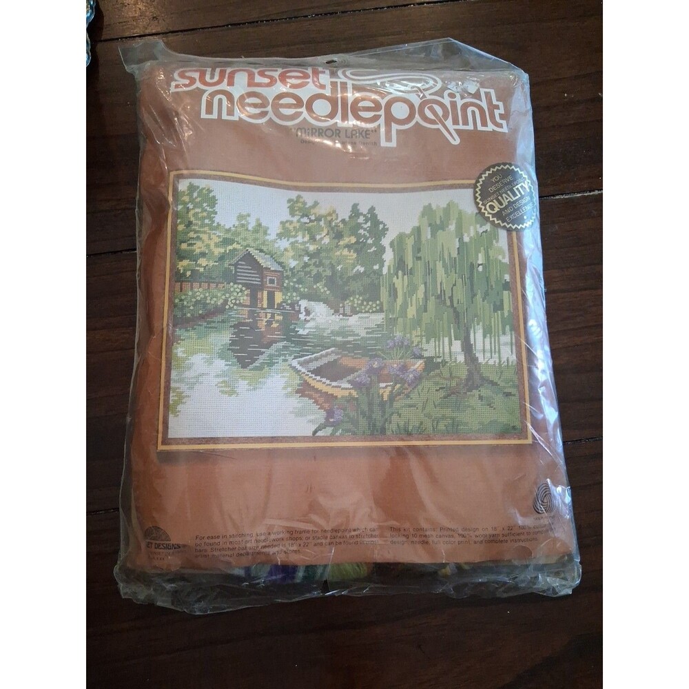 Vtg Sunset Needlepoint "Mirror Lake" Kit by Charlene Gerrish Wool Yarn Free Ship